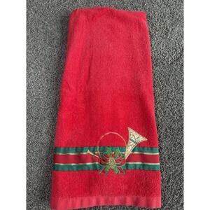 Vintage Bath Towel Fancy Jillian Rose RA Briggs Christmas Red Cotton Brass Horn